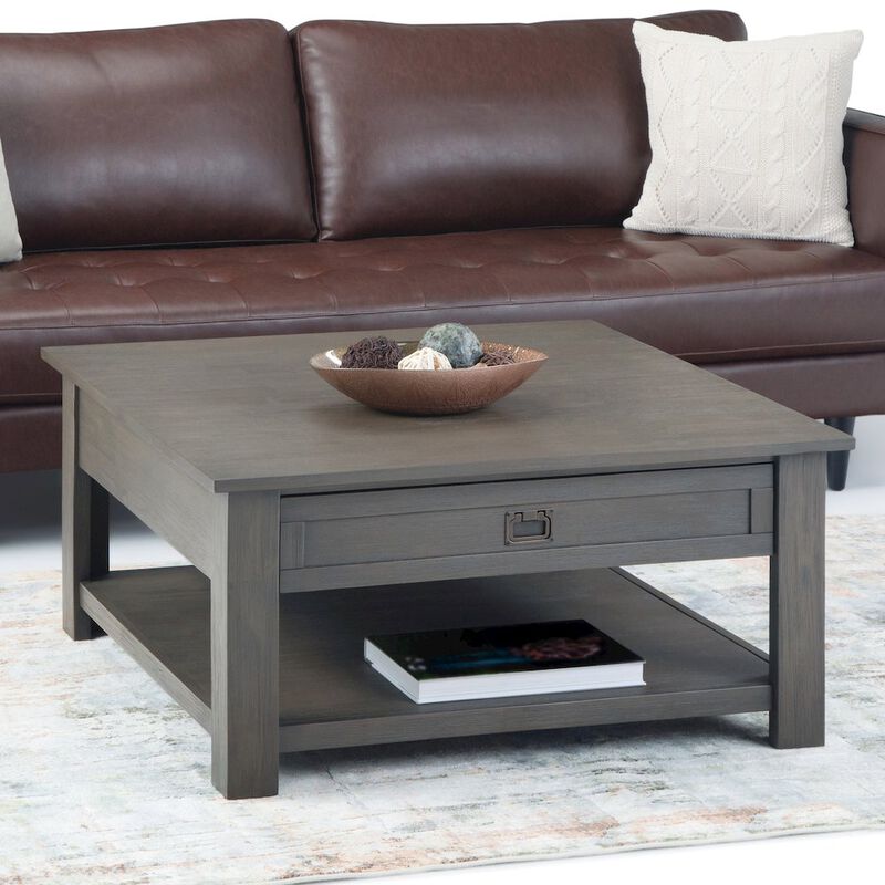 Simpli Home Monroe Solid Acacia Wood Square Coffee Table In Farmhouse Grey
