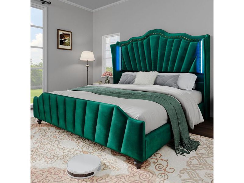 Queen Velvet Platform Bed &ndash; 60" Tall Wingback Headboard & Footboard with LED, Green image number 2