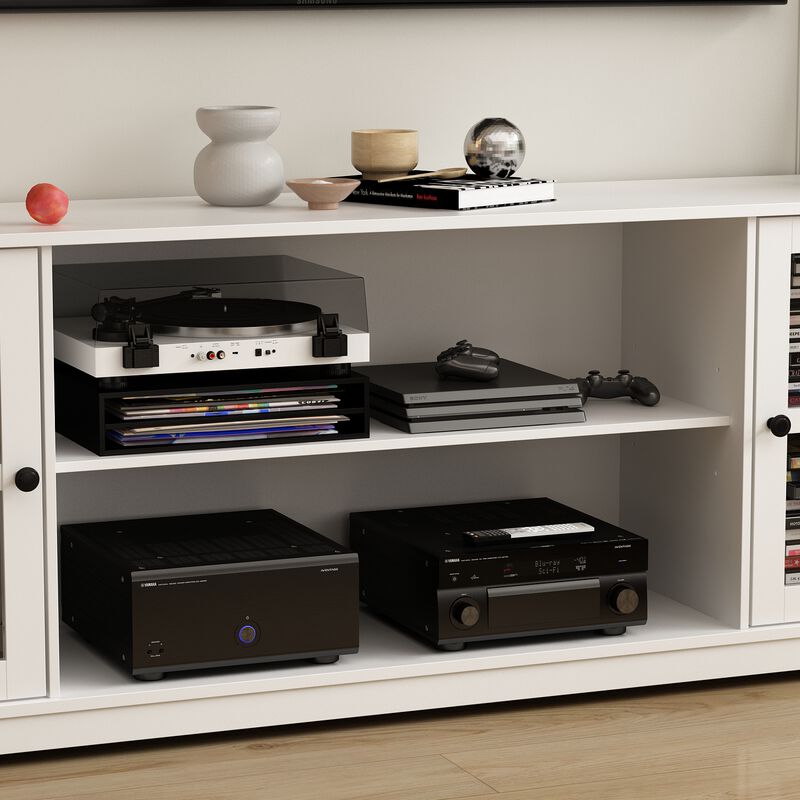White Wooden TV Stand Fits TV's up to 75 in. with Open Shelves and Tempered Glass Door Cabinet