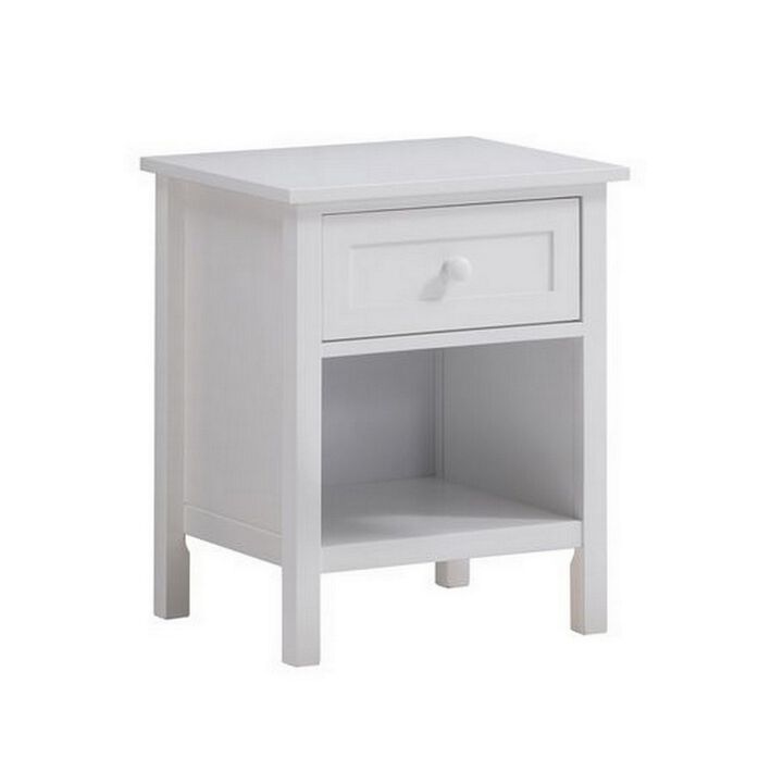 Mio 24 Inch Single Drawer Nightstand, Solid Wood, Open Shelf, Glossy White-Benzara