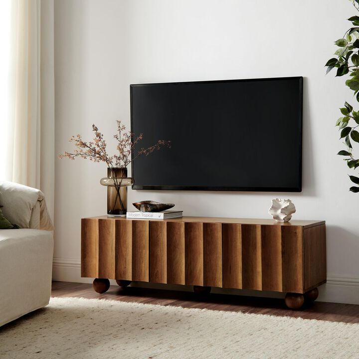 Modway Sorren 54 Inch Scalloped TV Stand in Walnut &ndash; 3 Door Media Console Cabinet &ndash; Modern Storage TV Stand with Doors