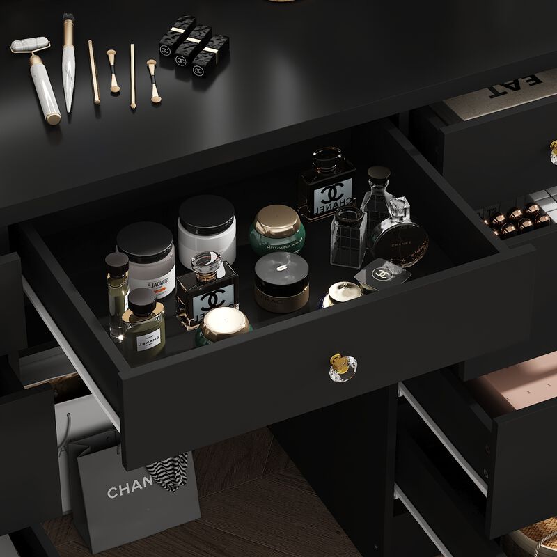 FUFU&GAGA Black Makeup Vanity with LED Mirror, 6 Drawers and Storage Compartments (43.3" W x 53.9" H x 19.7" D), Elegant Black