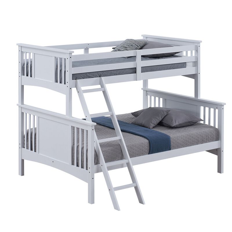 Ricky Twin Over Full Bunk Bed, Angled Ladder, Classic White Solid Hardwood