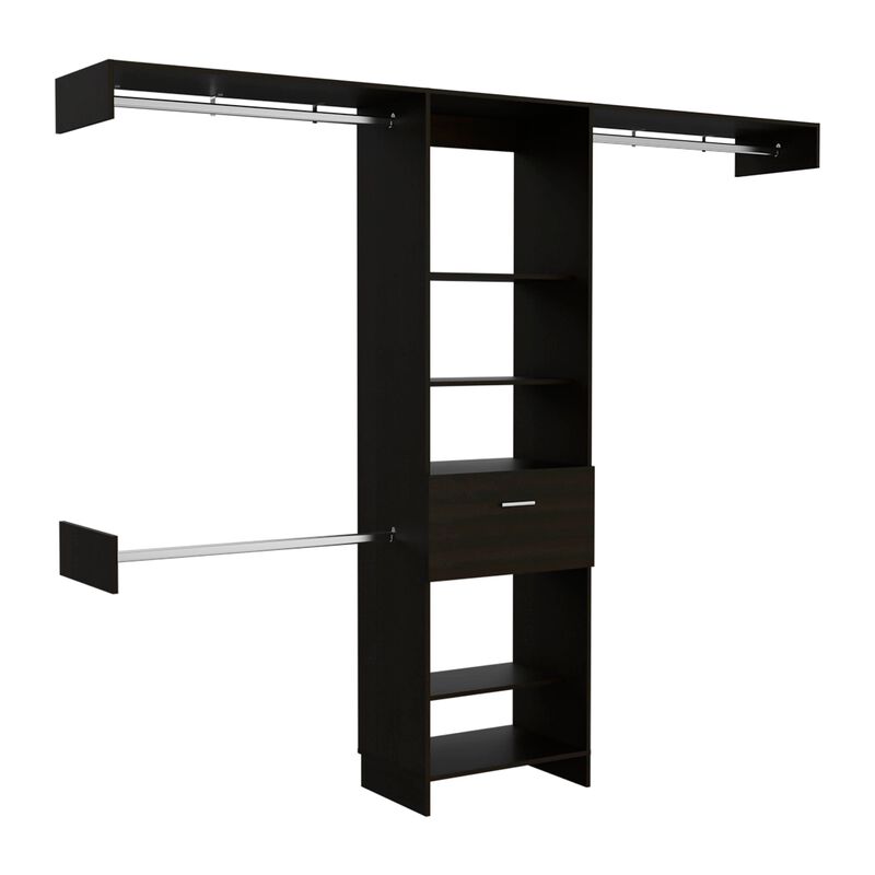 Manchester 250 Closet System, Five Open Shelves, One Drawer, Three Metal Rods -Black