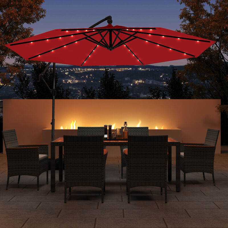 Solar Offset Umbrella with 32 LED Lights &ndash; Hanging Patio Shade with Base