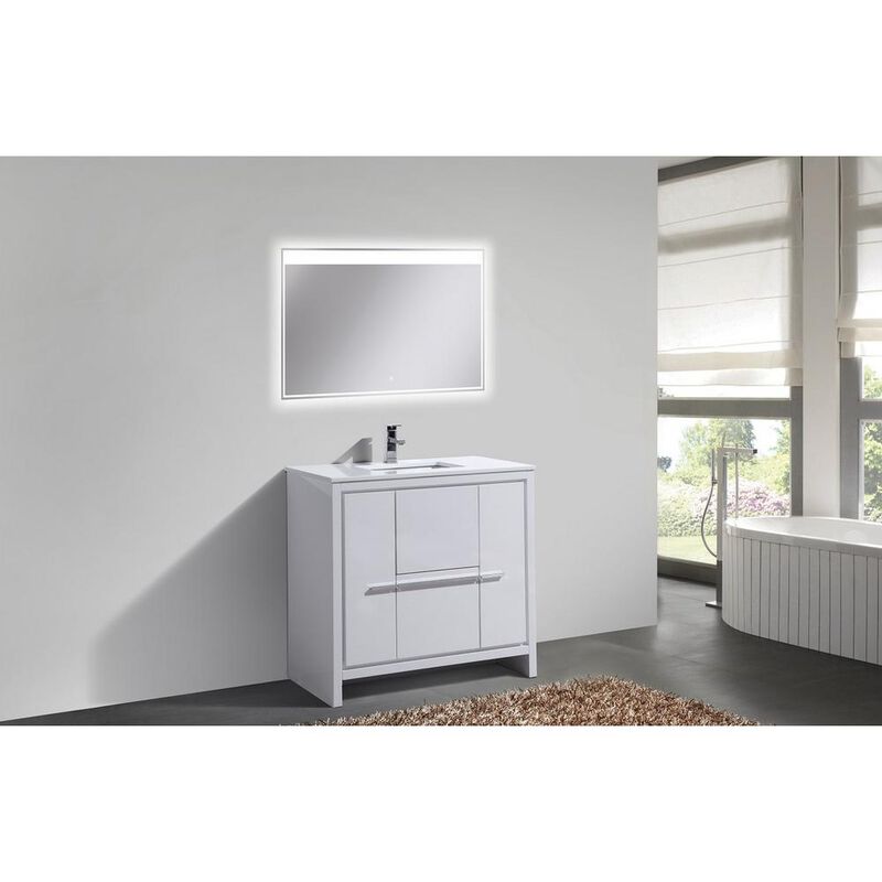 Kubebath 36″ High Gloss White Modern Bathroom Vanity with White Quartz Counter-Top