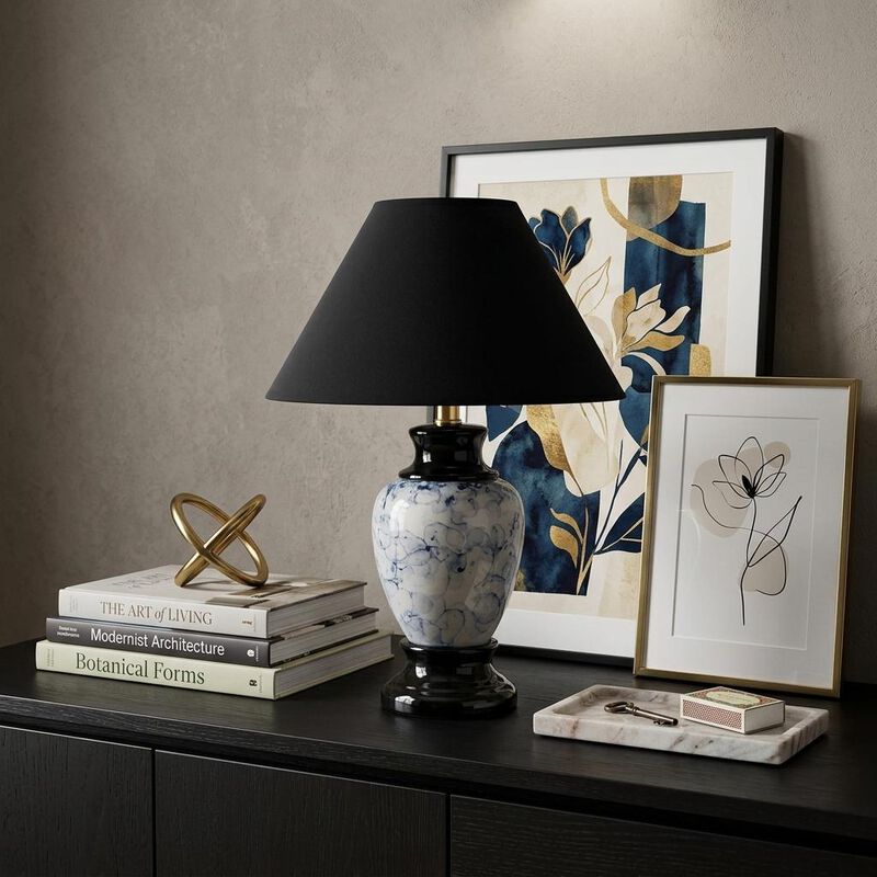 HomeRoots 13" Black Ceramic Bedside Table Lamp With Black Shade image number 1