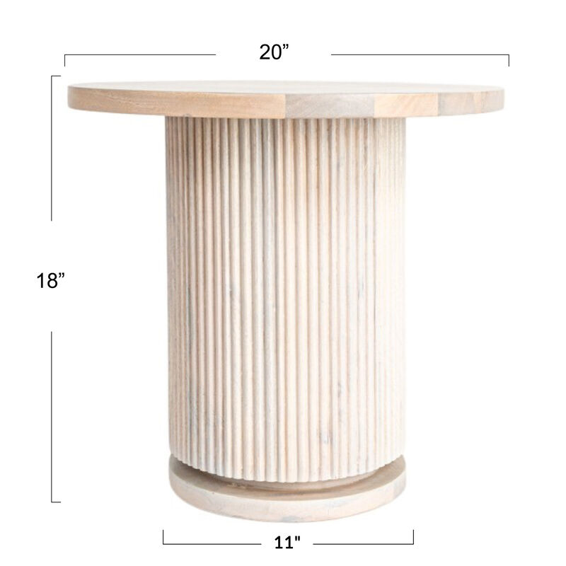 Round Mango Wood Pedestal Side Table with Ribbed Base, Natural Bleached image number 2