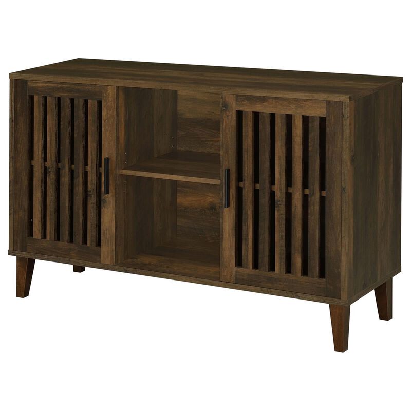 47 Inch Accent Cabinet, Slatted Design, 2 Shelves, Brown and Black Finish - Benzara