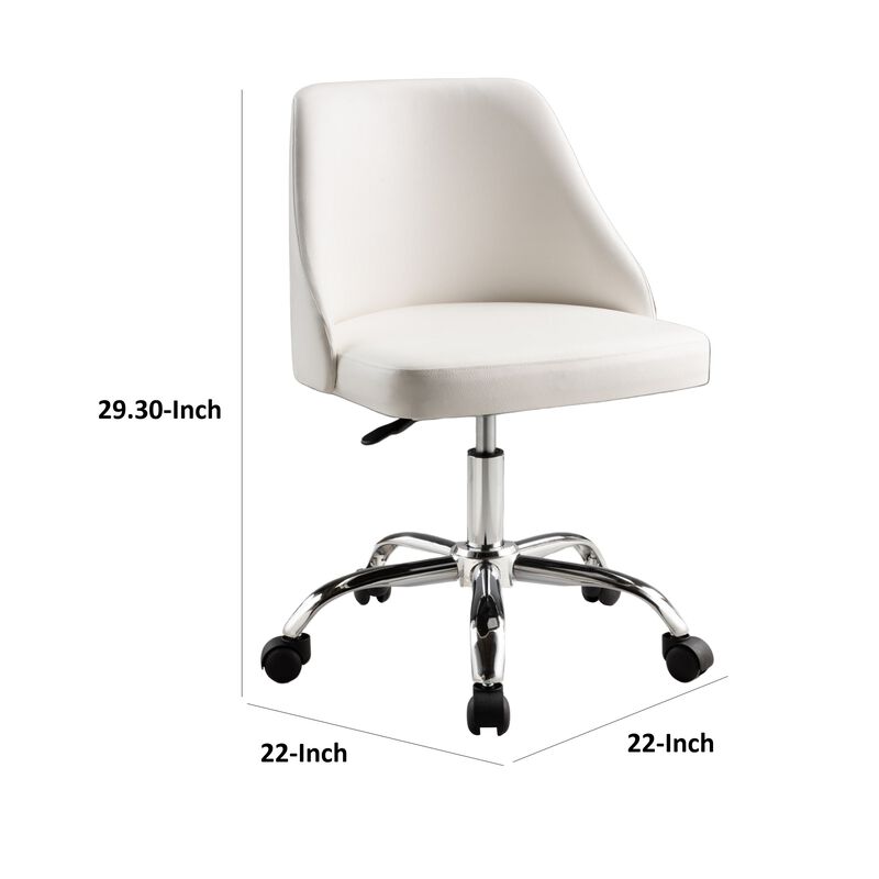 Yim 22 Inch Adjustable Swivel Office Chair, White Faux Leather, Chrome Base - Benzara