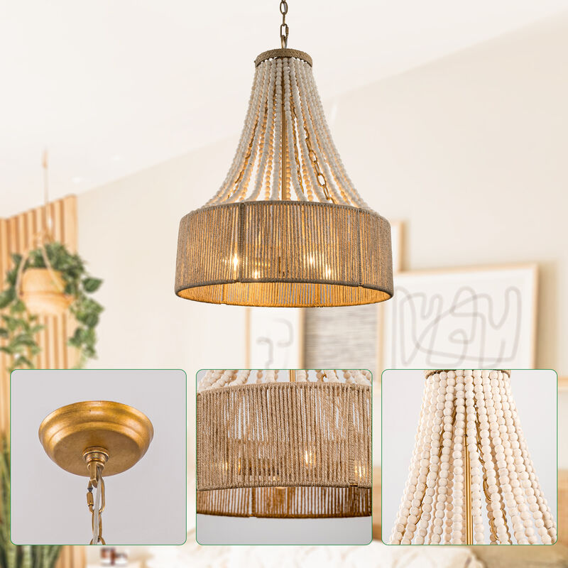 4-Light Bohemiann Woven Hemp Rope Wood Beads Chandelier