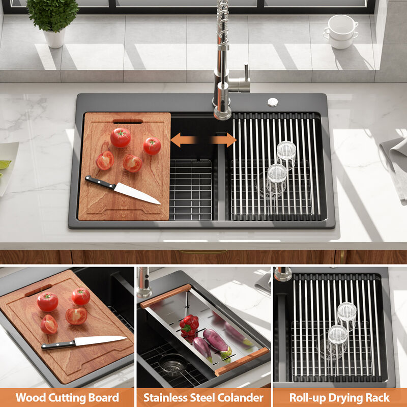 33x22x10 Inch Black Granite Composite Workstation kitchen Sink Low Divide 60/40 Double Bowl Quartz Drop In Kitchen Sink