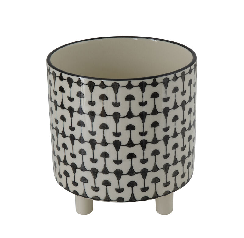 Round Stoneware Planters with Geometric Prints, Black and White image number 0