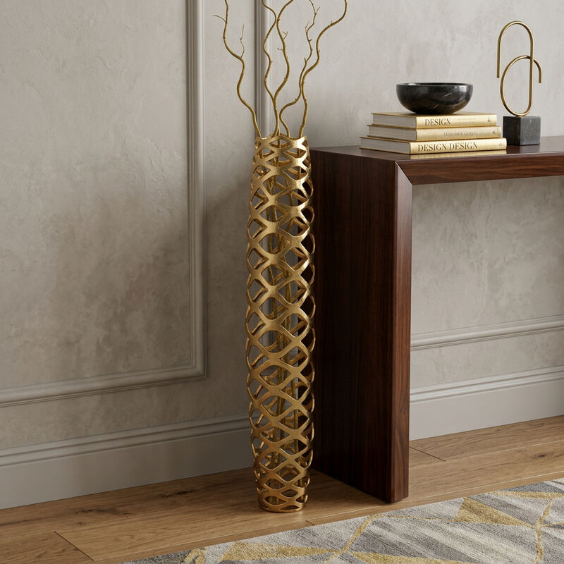 HomeRoots 47" Gold Aluminum Pierced Geometric Cylinder Floor Vase image number 1