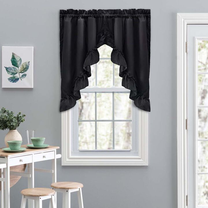 Ellis Stacey Solid Color Window 1.5" Rod Pocket High Quality Fabric Ruffled Swag 60"x38" Black