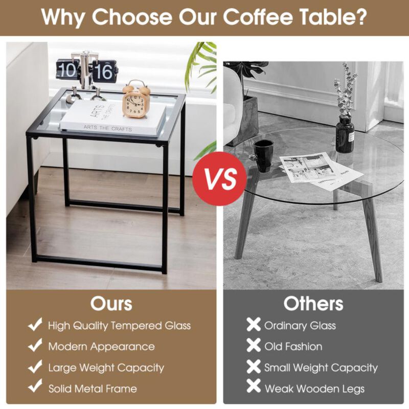 Hivvago Tempered Glass Side Table with Metal Frame for Indoor and Outdoor