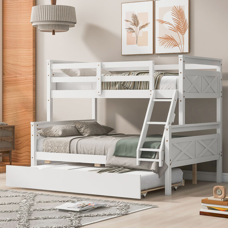 Whisen Twin over Full Bunk Bed with Ladder, Twin Size Trundle, Safety Guardrail - Gray