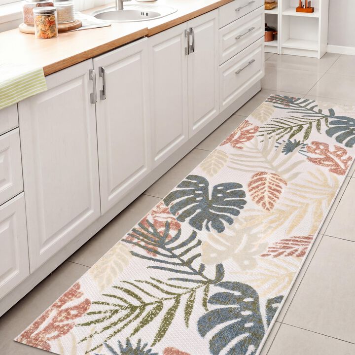 Monstera Tropical Leaf High-Low Cream/Dark Indoor/Outdoor Area Rug