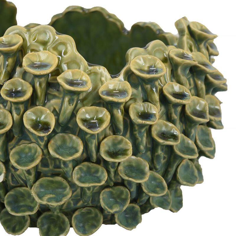 Nina Decorative Bowl, Textured Green Ceramic, Abstract Coral, 11 Inch - Benzara