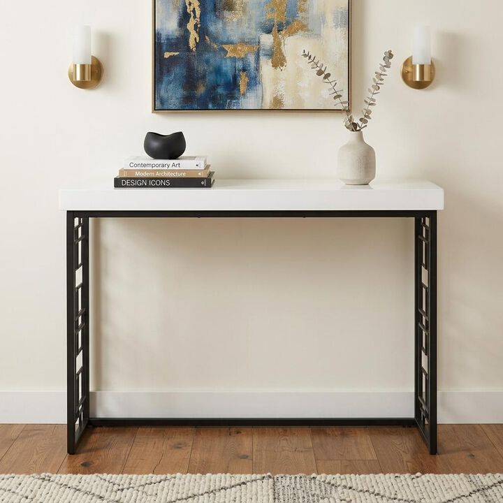 HomeRoots 42" White and Black Glass and Metal Sled Console Table