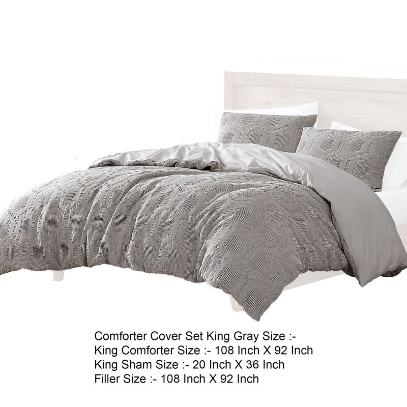 Tia 4 Piece King Size Duvet Comforter Set, Geometric Waffle Pattern, Gray - Benzara