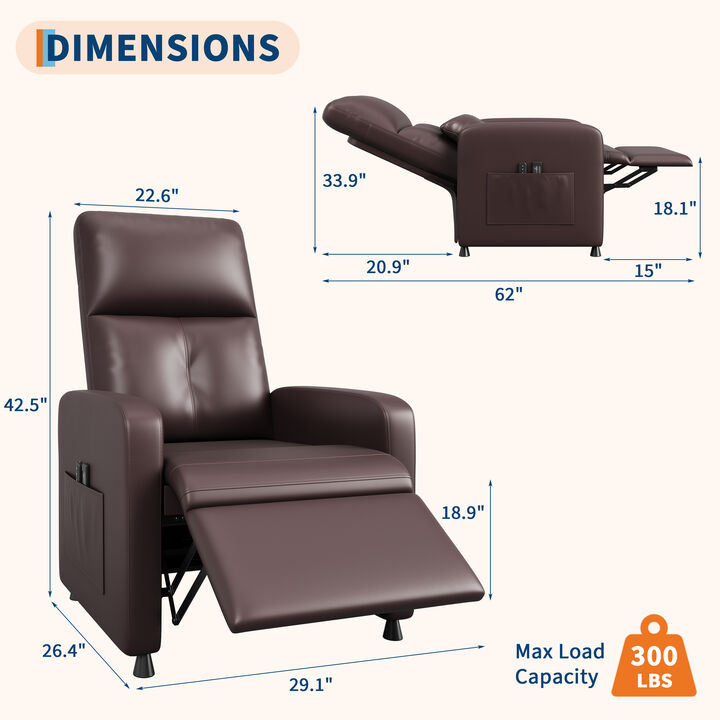 PU Leather Power Recliner Chair with Massage and Heat for Living Room, Outdoor Relax, Brown