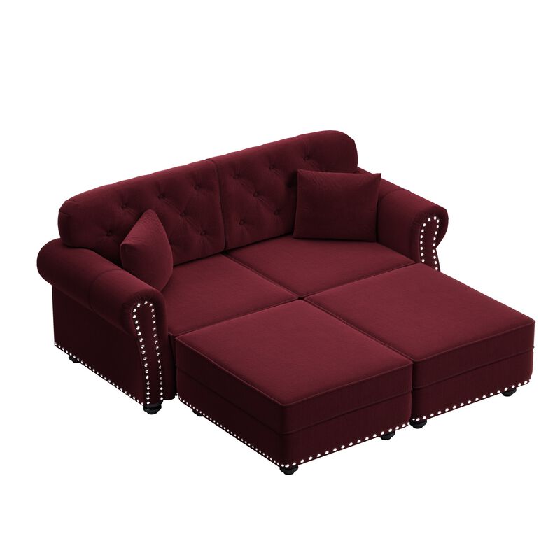 Whisen 2 Seat Velvet Upholstered Sofa with 2 Ottomans, Nailhead Trim, Mid-Century Modern, for Living Room image number 8