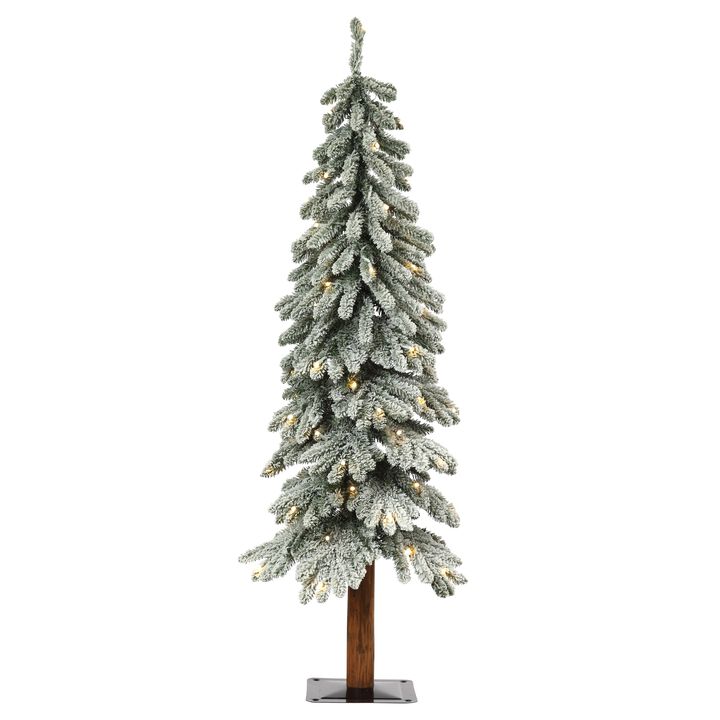 4 Foot Lightly Flocked Alpine Tree Pre-Lit Warm LED Lights with Timer and Real Wood Trunk