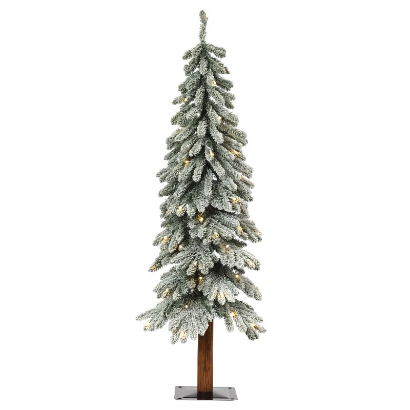 4 Foot Lightly Flocked Alpine Tree Pre-Lit Warm LED Lights with Timer and Real Wood Trunk image number 0