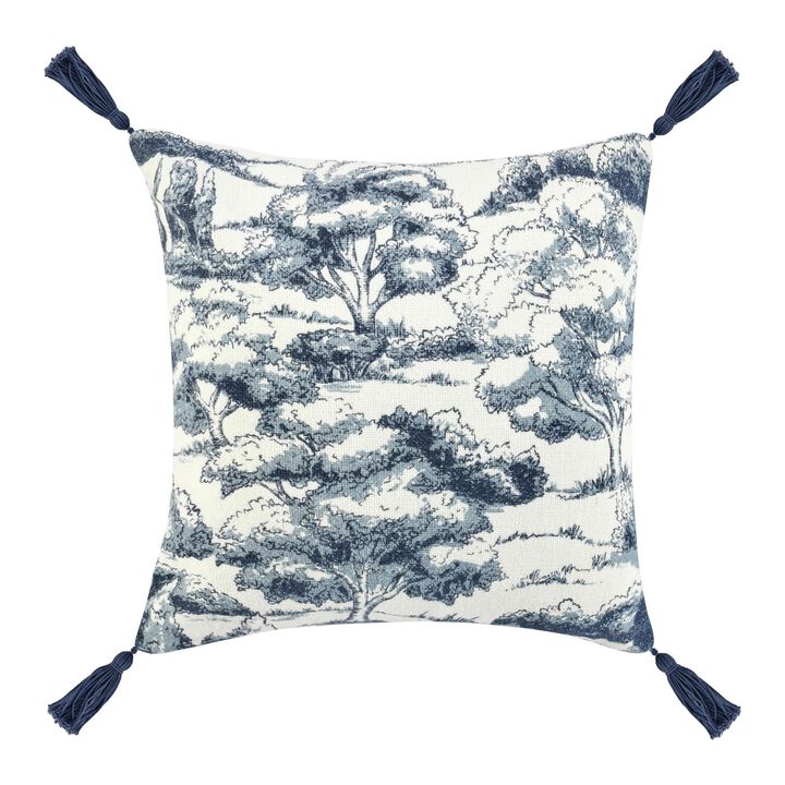 Wod Square Accent Throw Pillow, 22 Inch Blue Toile, Ivory Cotton Blend - Benzara