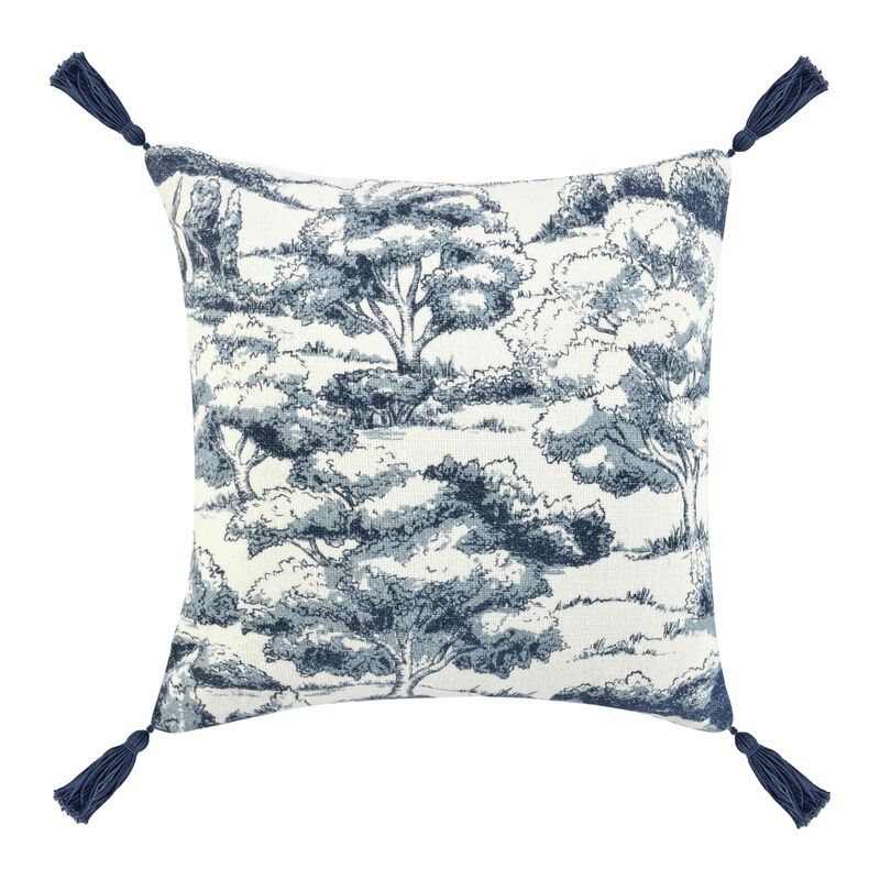 Wod Square Accent Throw Pillow, 22 Inch Blue Toile, Ivory Cotton Blend - Benzara