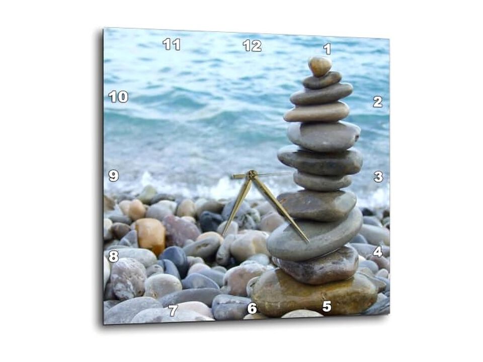 Zen Stone Tower Pebble Beach Peaceful Wall Clock 13 Inch Home Decor