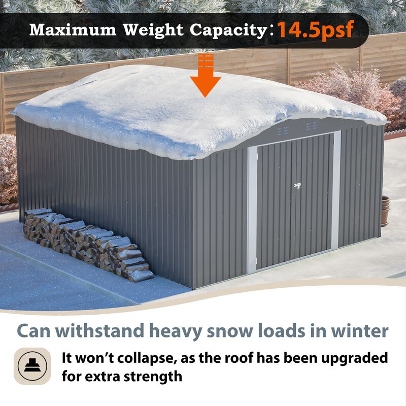 12x14 FT Metal Storage Shed, Lockable Double Door Tool Shed, Light Gray image number 5