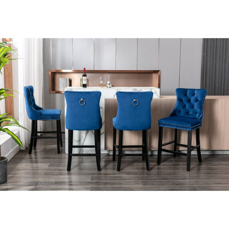 Contemporary Velvet Upholstered Bar Stools with Button Tufted Decoration and Wooden Legs, and Chrome Nailhead Trim, Leisure Style Bar Chairs, Bar stools, Set of 2 (Blue)