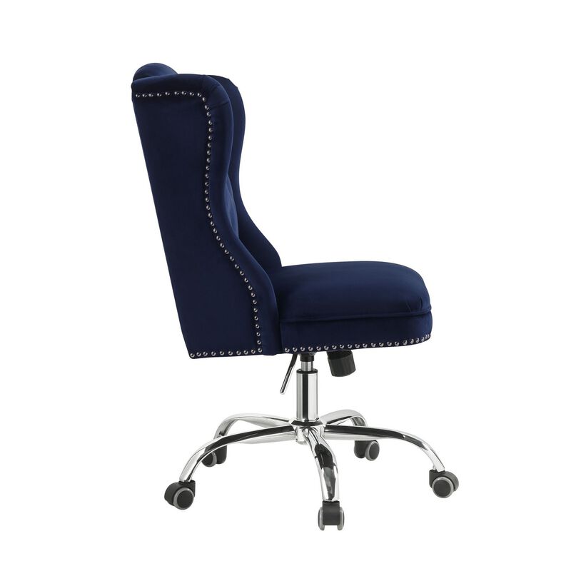Velvet Upholstered Armless Swivel and Adjustable Tufted Office Chair, Blue-Benzara image number 3
