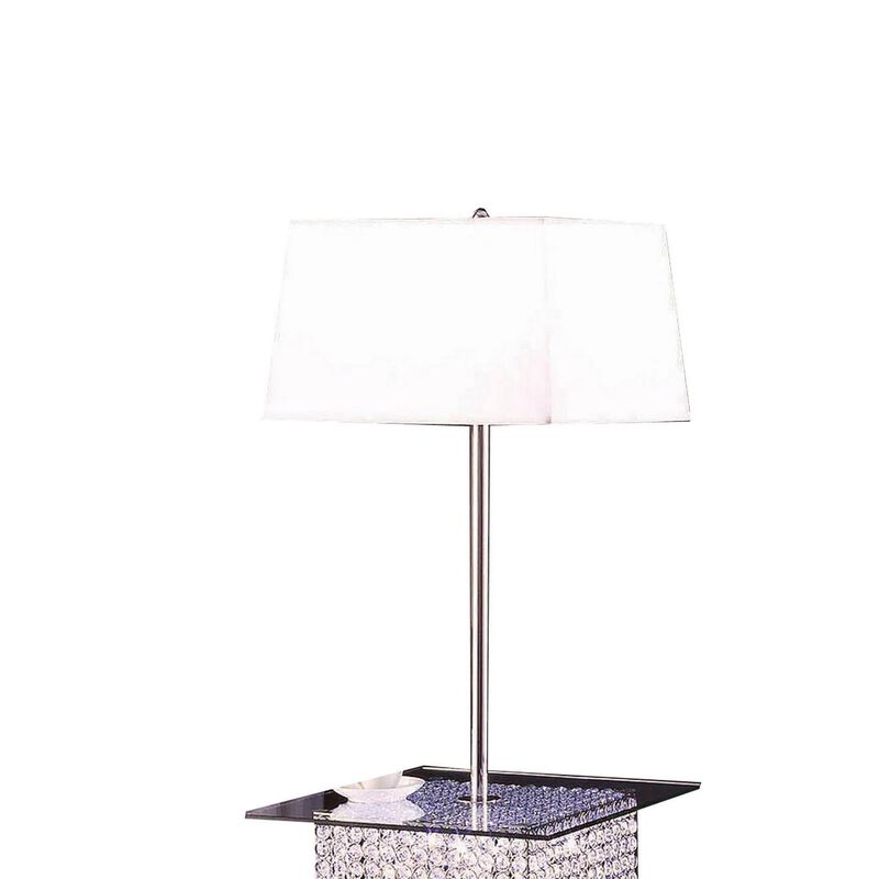 59 Inch Floor Lamp with Glass Tabletop, Crystal Stand, Metal, Clear-Benzara