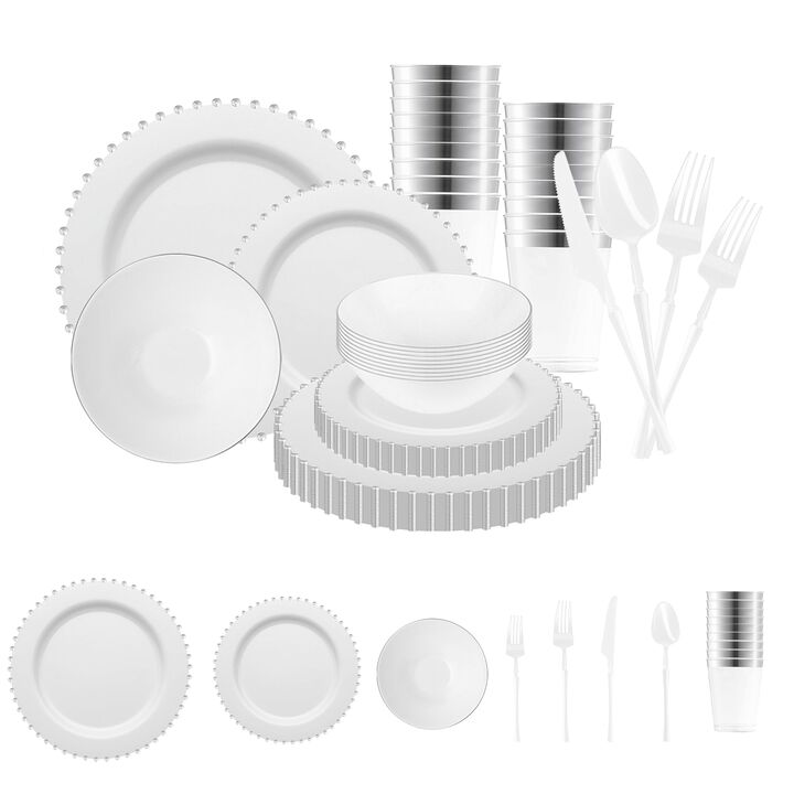 White with Silver Pearl String Round Plastic Tableware Set (120 Sets)