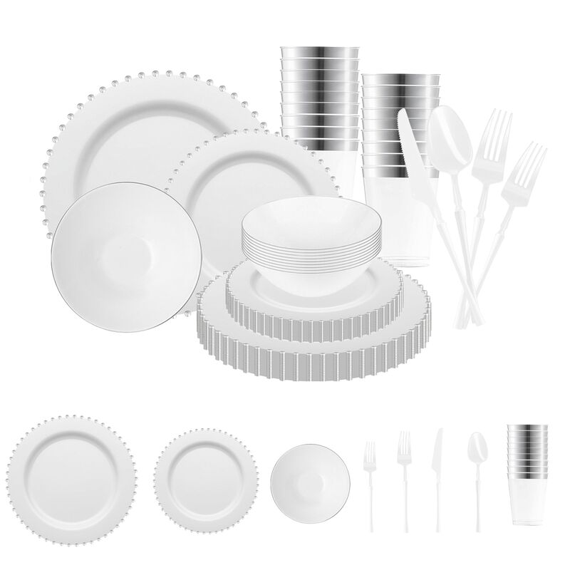 White with Silver Pearl String Round Plastic Tableware Set (120 Sets) image number 0