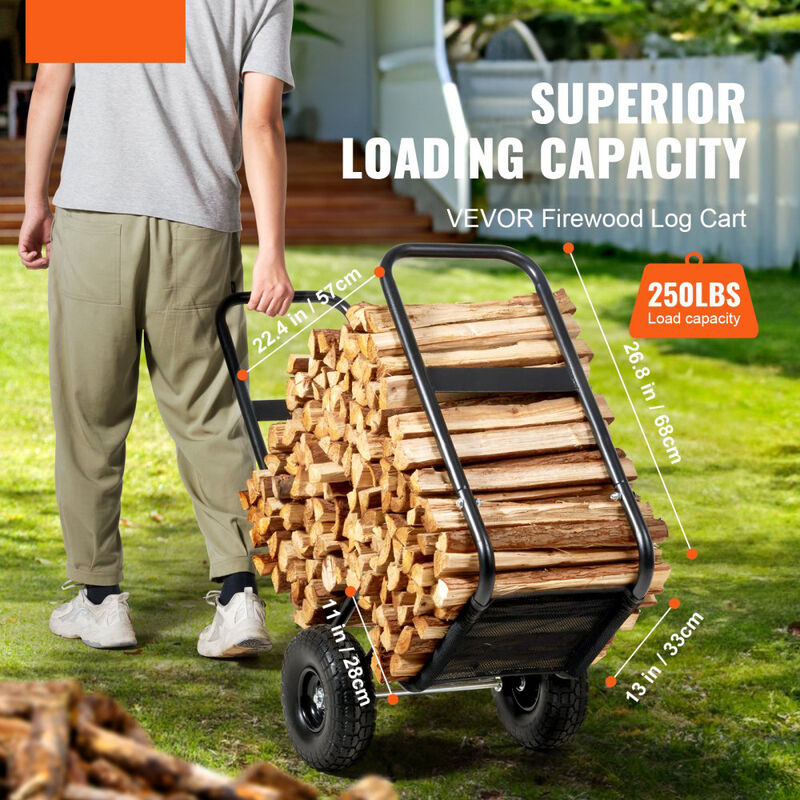 Heavy Duty Firewood Carrier Cart with Waterproof Cover and PU Wheels, Steel Log Hauler for Fireplace-Black image number 3
