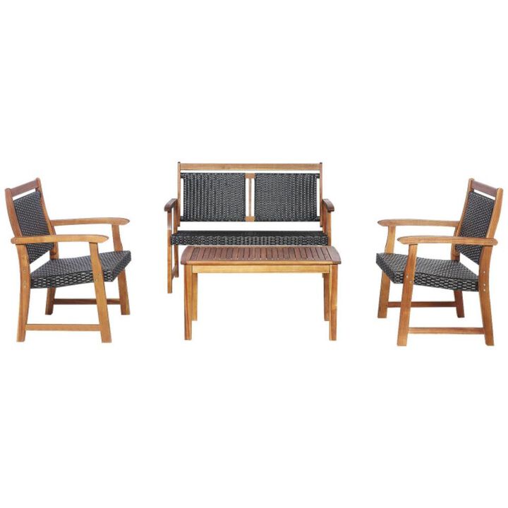 Hivvago 4 Pieces Outdoor Patio Rattan Furniture Sofa Set with Acacia Wood Frame