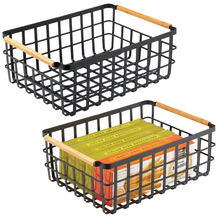 mDesign Metal Wire Organizer Basket, Bamboo Handles, 2 Pack, Matte Black/Natural