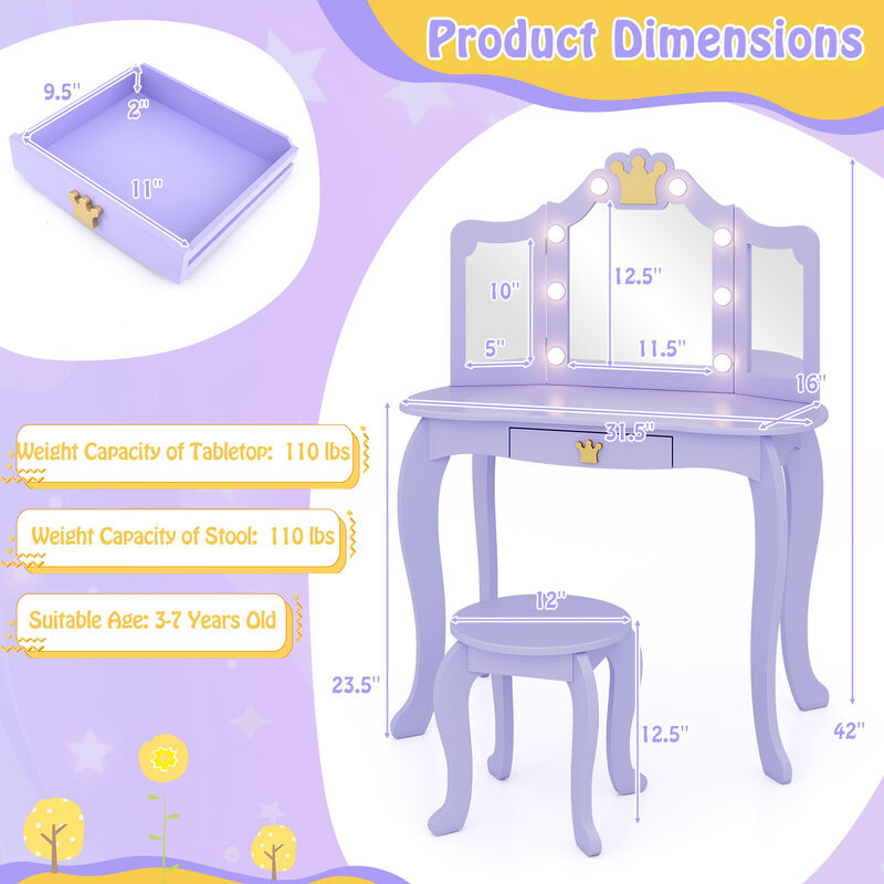 Kids Vanity Set with Tri-fold Lighted Mirror Detachable Top and Stool