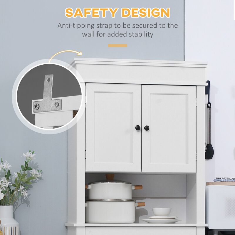 White Kitchen Storage: 72" Tall Freestanding Hutch with Shelving & Drawer