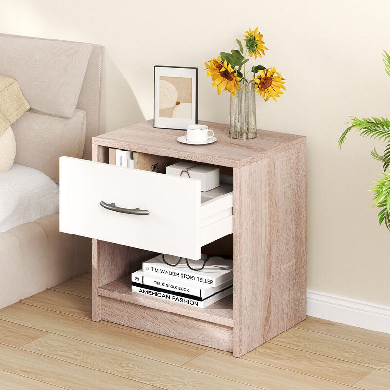 Bedside Table Nightstand with Drawer and Open Storage Shelf