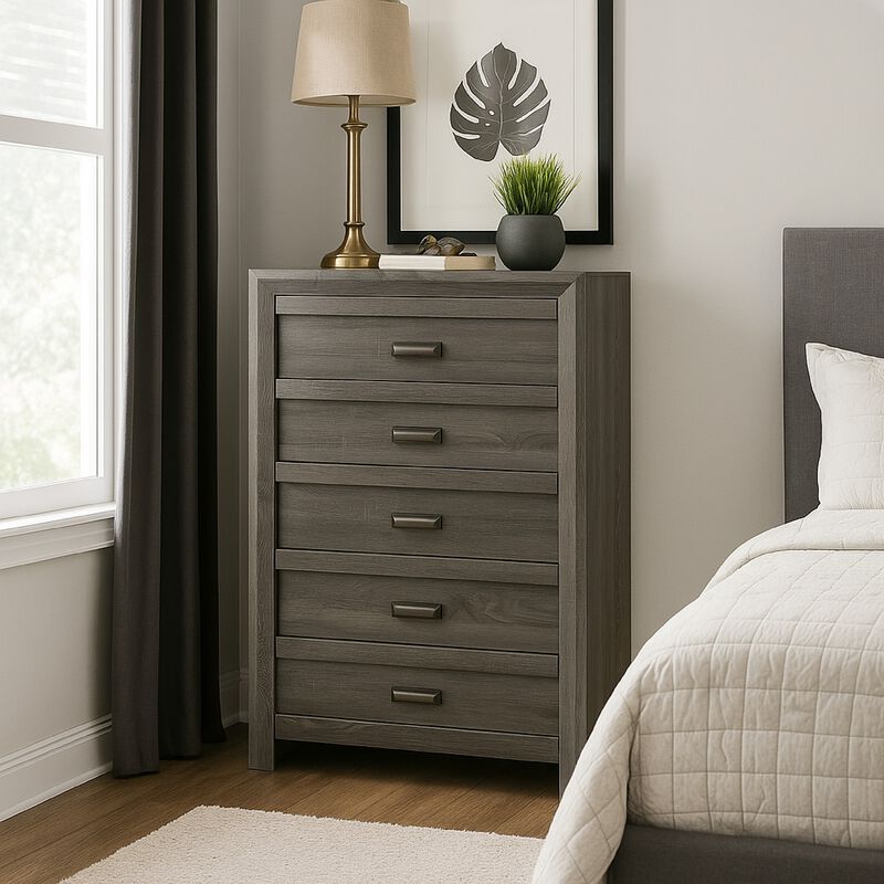 Velz Tall Dresser Chest, 5 Drawers, Finger Pull Handles, Dark Gray Wood