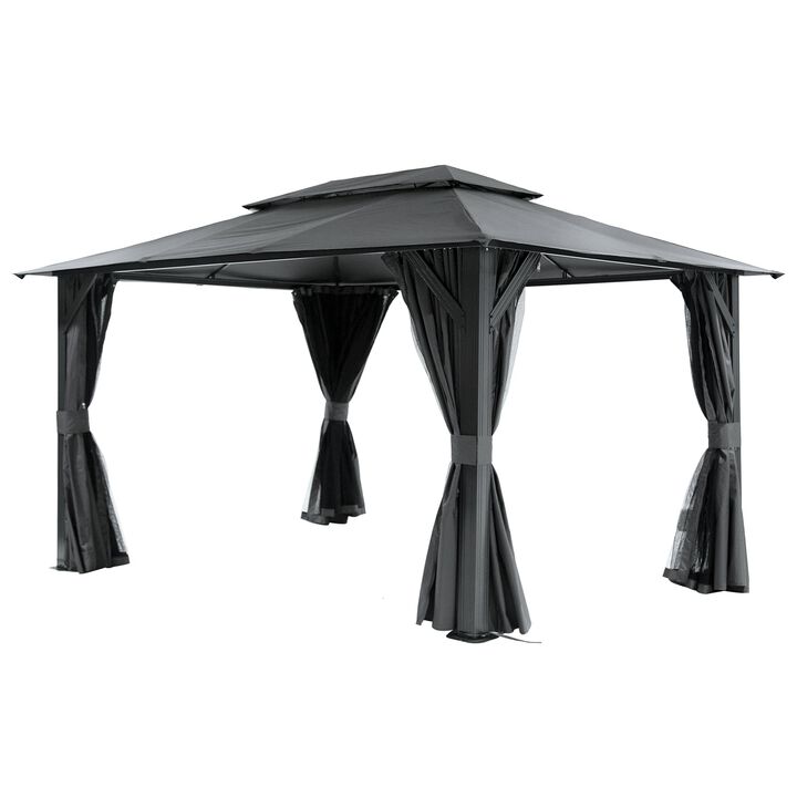 10x14FT Gazebo, Outdoor Gazebo with Double Roofs,Curtains, Mosquito Nettings, Heavy Duty Metal Frame Party Tent Canopy