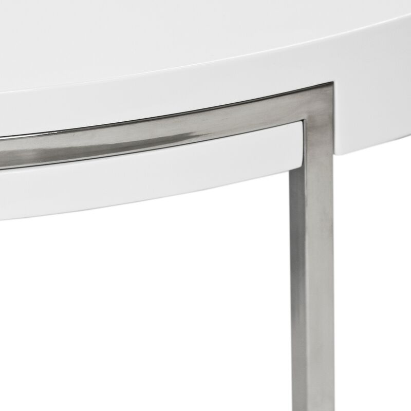 Dami 22 Inch Side End Table, White Lacquer Round Top, Open Metal Frame