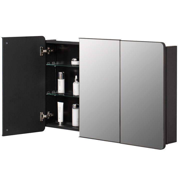 Basicwise 3-Door Aluminum Bathroom Medicine Cabinet, Round Corner Framed Door - Versatile Recessed Medicine Cabinet or Surface Mount, Mirrored Door Cabinet with Adjustable Glass Shelves, Matte Black
