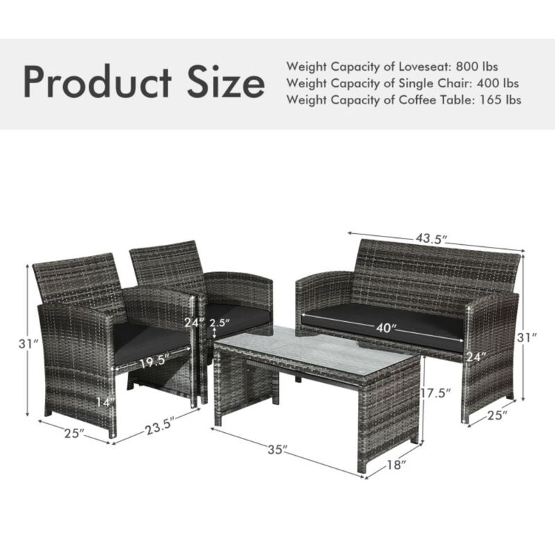 4 Pieces Patio Rattan Furniture Set with Glass Tabletop image number 4