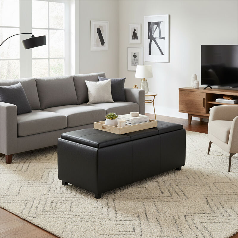 Avalon 42 inch Wide Contemporary Rectangle Storage Ottoman in Distressed Black Vegan Faux Leather, Assembled image number 2